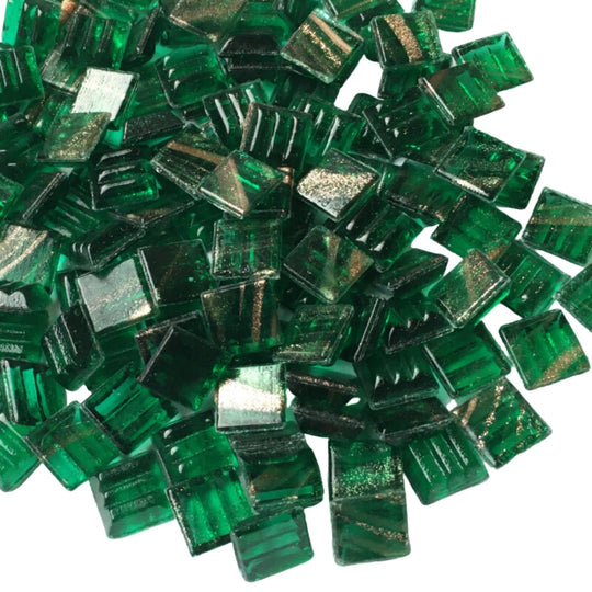 Mozaic din sticlă cu vinișoare aurii 10mm – verde pădure